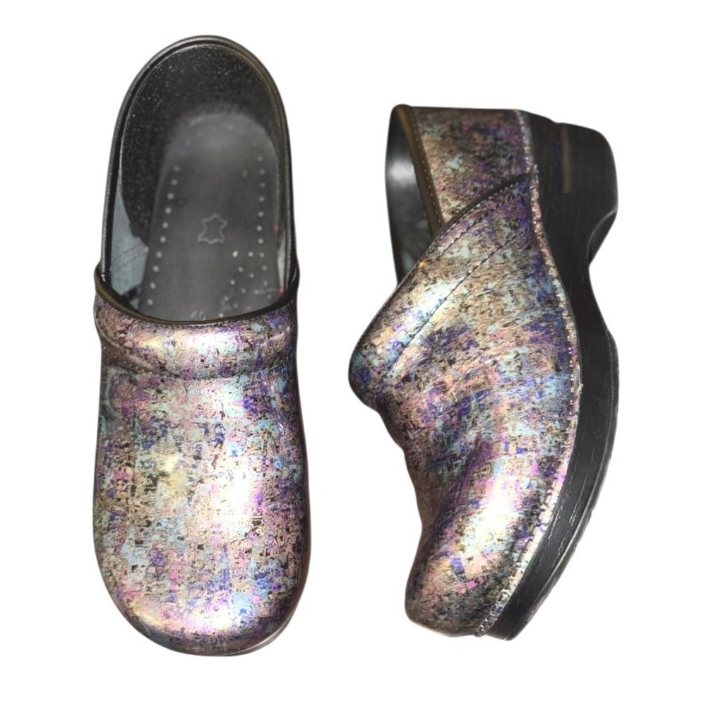 Dansko Metallic‎ Ink Splatter Leather Clogs sz 40  Excellent 9.5-10 US
